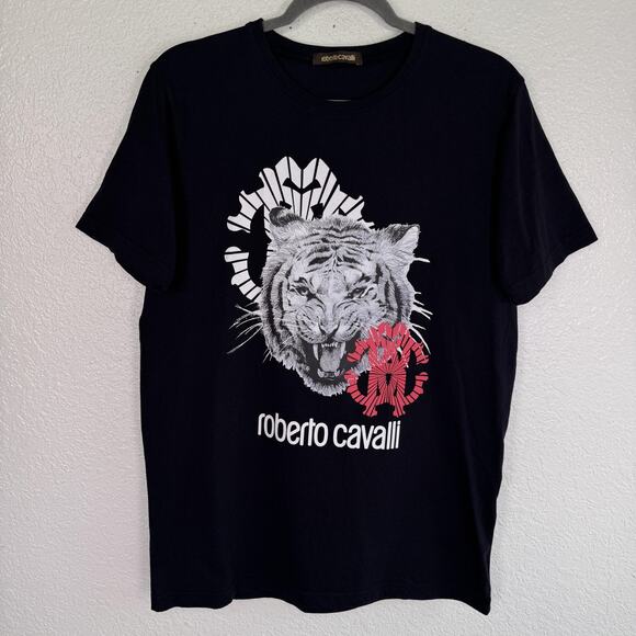 Roberto Cavalli Other - Roberto Cavalli Shirt Mens Large Tiger Graphic Tee Black Logo Designer Luxury
